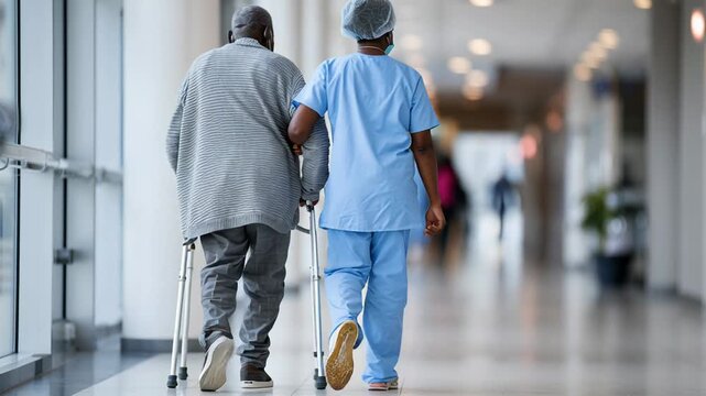 nurse escorting elderly patient down corridor through bright modern hospital hallway, nurse in blue scrubs supports senior using walker with steady pace