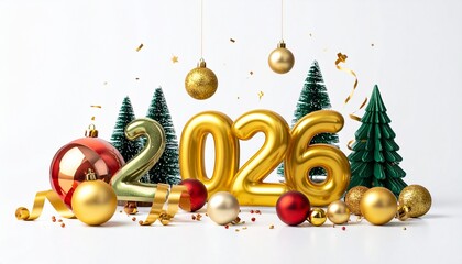 Golden "2026" numbers stand amid decorated Christmas trees, ornaments, and confetti on a clean white background with minimalist "Happy New Year" text.