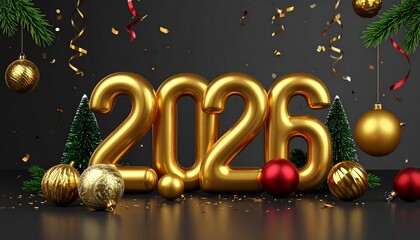 Golden "2026" text and "Happy New Year" message sit below pine branches with ornaments, ribbons, and confetti on a warm beige background.