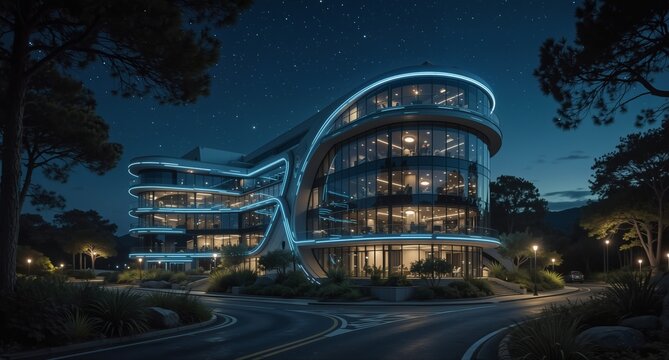 modern corporate building with illuminated exterior at twilight under a starry sky.