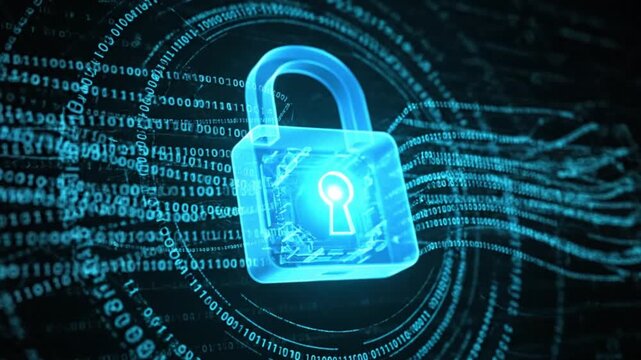 Cybersecurity Data Protection Concept Glowing Blue Padlock Symbol on Digital Binary Code Background with Flowing Network Streams