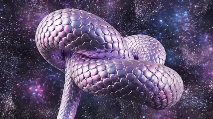 Purple snake poised amidst swirling purple galaxy on black background, exuding innovation and limitless possibility perfect for visualizations related to space exploration technology or creative.