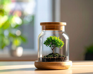 mini bonsa&iuml; dans un pot en verre