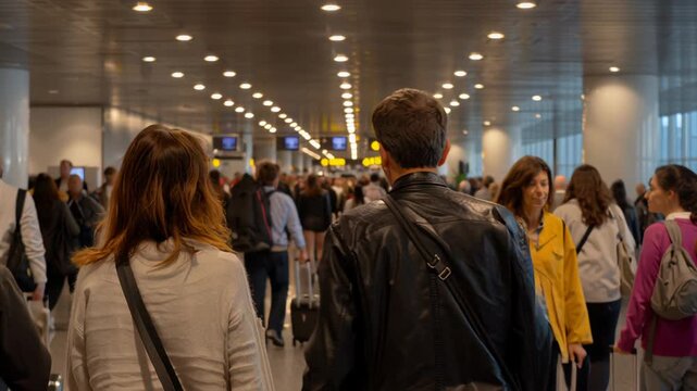 Bustling terminal activity, Travelers rush through busy hall, People maneuver quickly and efficiently within densely populated airport corridor