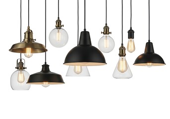 Collection of vintage industrial pendant lights with exposed bulbs