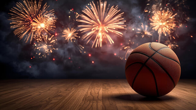 orange basketball on the floor with fireworks in the sky for 4th of july or new year celebration holiday, ai