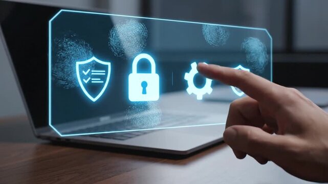 Digital Cybersecurity Authentication with Holographic Interface. Hand Taps Virtual Icons to Secure Data and Login on Laptop. Advanced Technology for Online Protection and Privacy.