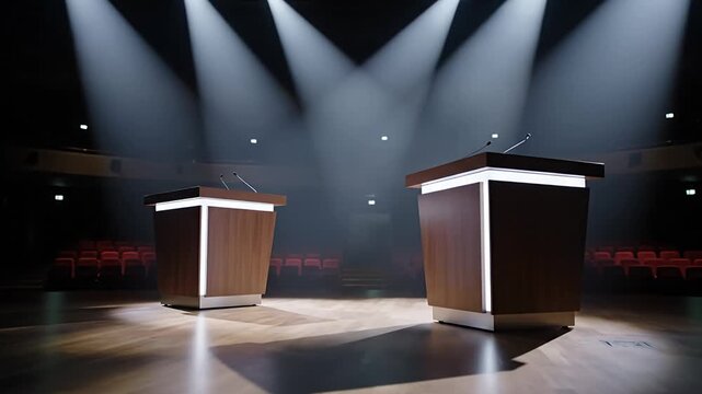 Dramatic Empty Debate Stage with Two Podium Lecterns Under Bright Spotlights