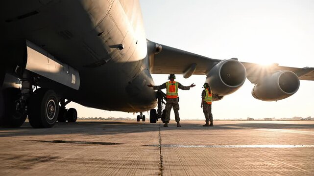 Air force ground crew marshals a large military transport aircraft on the tarmac during a bright sunrise or sunset