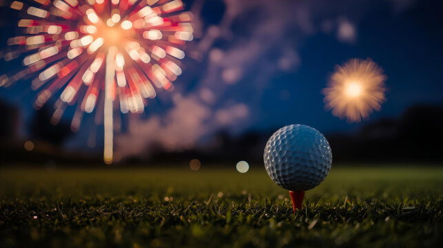 golf ball on the lawn with fireworks in the background for fourth of july independence day, ai