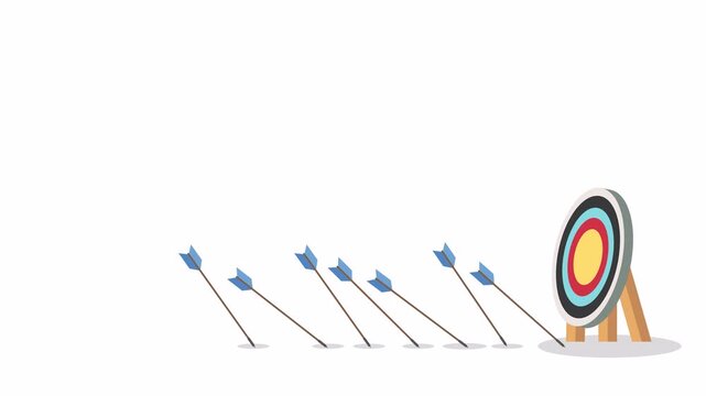 Business challenge failure and success concept. Blue arrows missed hitting target and only red one hits the center.	