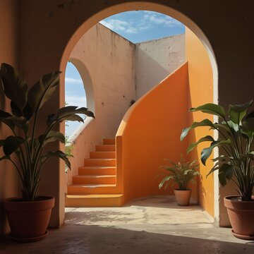 warm terracotta archway frames vibrant orange staircase and lush tropical plants in sunlit mediterranean courtyard.