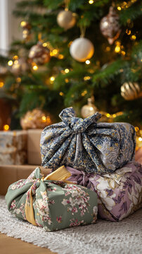 Image captures beautifully wrapped furoshiki presents under a Christmas tree. Organic eco fabrics and gentle textures create a serene festive mood. A warm celebration of mindful gifting