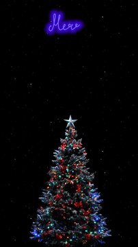 This postcard-style video captures a serene winter night with falling snow. A Christmas tree and inscription "Merry Christmas" creates a joyful seasonal mood