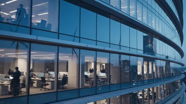 Modern office building facade at dusk with silhouettes of workers inside and wind turbine reflection suggesting sustainability and late work hours
