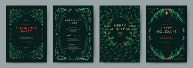 Christmas and New Year's holidays card set. Elegant backgrounds with floral frames, Christmas tree, wreath of winter plants. Vector templates for card, banner, cover, poster, ads, invitation, menu