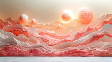 Multiple textured spheres float above a gentle pink and orange layered landscape with soft undulations