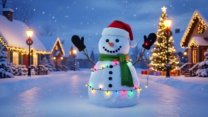 Festive snowman in a winter village at night