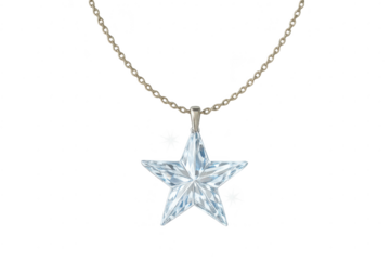 Elegant star shaped crystal pendant on gold chain, transparent background, isolated