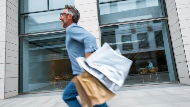 bearded white man running with bags, colorful shopping haul in studio, patterned shirt and khaki pants, energetic mid-air stride holding multiple bright paper