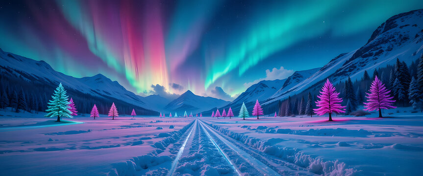 A wide frozen valley under a brilliant colorful night sky glowing in bright rainbow tones, scattered neon-lit trees in turquoise, magenta, and lime green illuminating