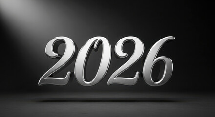 Sleek silver 2026 text with spotlight illumination