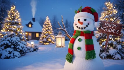 Obraz premium Festive snowman scene with christmas trees and holiday sign