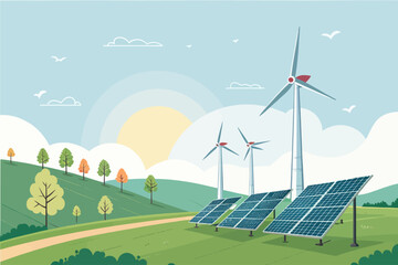 Fototapeta premium Vibrant Solar and Wind Energy Systems in Colorful Skies