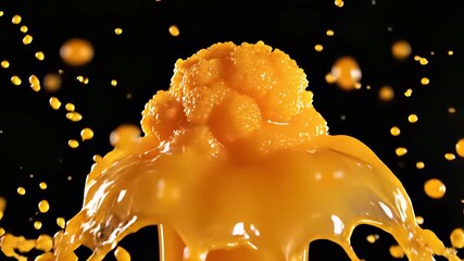 Sizzling steak and vibrant orange juice explosively erupt on a sunny day, capturing the playful concept of joyful celebrations and spontaneous revelry, perfect for cooking show backgrounds or.