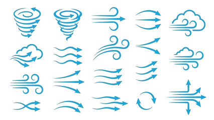 Stylized Blue Vector Icon Set of Wind and Airflow Patterns &ndash; Featuring Arrows, Swirls, and Circular Motions for Visual Themes in Weather, Motion Graphics, Environmental Design, and Aerodynamic Concept