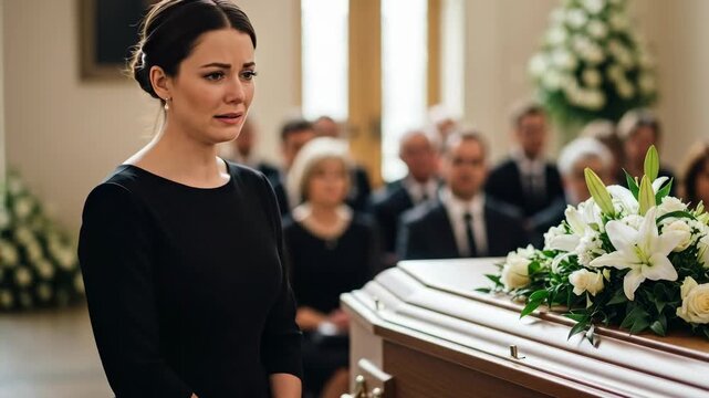 A woman in mourning stands solemnly beside a floweradorned coffin, reflecting profound sorrow. this scene beautifully captures the essence of grief and remembrance.