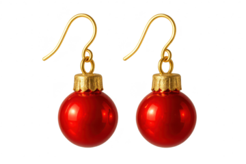Two red Christmas ball earrings isolated on a transparent background, shiny