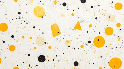 Randomly arranged yellow circles and abstract shapes with black paint splatters on a clean white surface