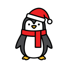 Cartoon Penguin Wearing a Red Santa Hat and Scarf Standing Upright