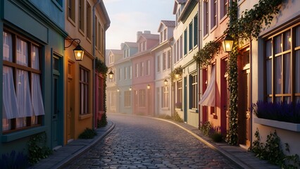 Fototapeta premium photo rendering designed to evoke the charming aesthetic of a quaint European with colorfull building street
