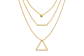 Stylish layered gold necklaces, geometric pendants, isolated subject.