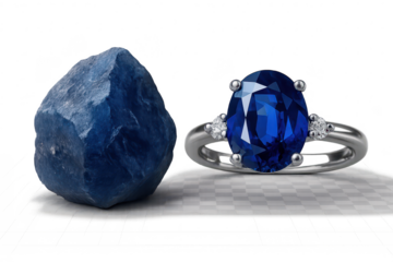 Stunning blue sapphire ring with raw rough stone isolated on transparent background