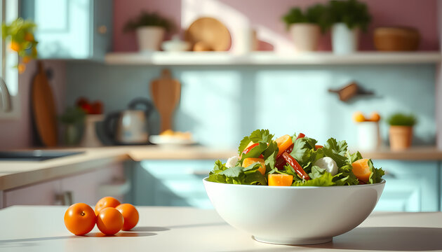 Fresh salad preparation in a bright kitchen with fruits on the counter during the day Generative AI