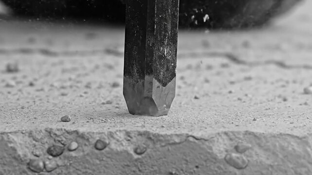 Sharp Chisel Striking Stone Surface Creating Debris and Dust in Slow Motion Black and White Macro Shot