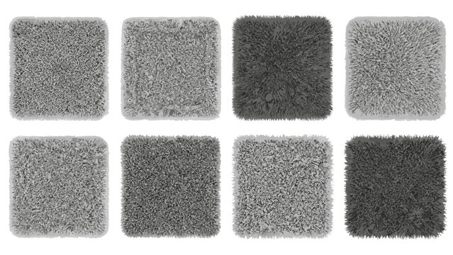 Eight different shades of gray shaggy carpet texture samples