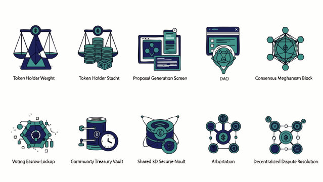 Collection of modern flat icons representing blockchain technology concepts and cryptocurrency elements.