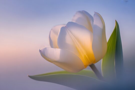 Close-up of a white tulip flower soft lighting perfect for spring themed designs and backgrounds