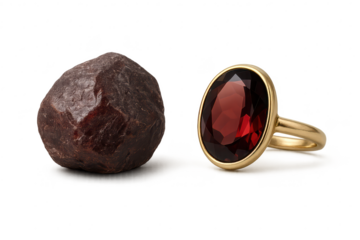 Raw garnet and gold ring with red gem, isolated on transparent background.