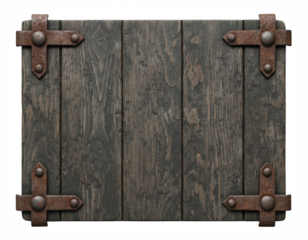 Dark aged wood panel secured with antique iron corner fixtures