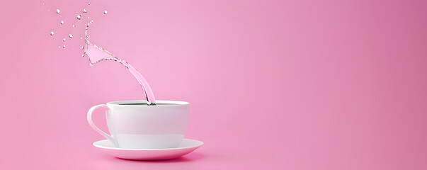 Pink liquid splashing from a white cup on a pink background. Minimalist tea or coffee mug with dynamic spill. Copy space for text