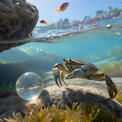 Vibrant underwater scene featuring a crab on a rocky seabed next to a glass sphere, with small fish swimming and sunlight filtering through the water surface.
