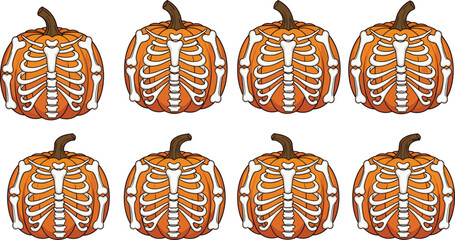 pumpkin, skeleton, Halloween, spooky, festive, creepy, bones, ribcage, illustration, black, white, stylized, design, scary, October