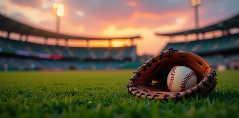 A baseball glove and ball lying on grass at twilight in a stadium, ready for an evening play, stadium, field
