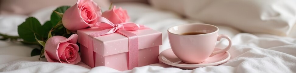 A beautiful gift with a pink ribbon next to a bouquet of roses and a cup of coffee on a bed, showcasing care and appreciation , roses, relationship