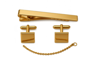 Gold tie clip, cufflinks, and chain forming a happy face, transparent